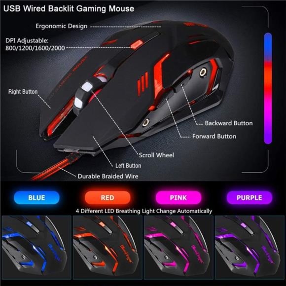 RGB 87 Keys Gaming Keyboard and Backlit Mouse Combo,BlueFinger USB Wired Rainbow - Picture 4 of 6